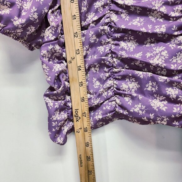 Celebrity Pink Purple Floral Puff Sleeve Ruched Top Womens Cropped Blouse Size M - Picture 5 of 9